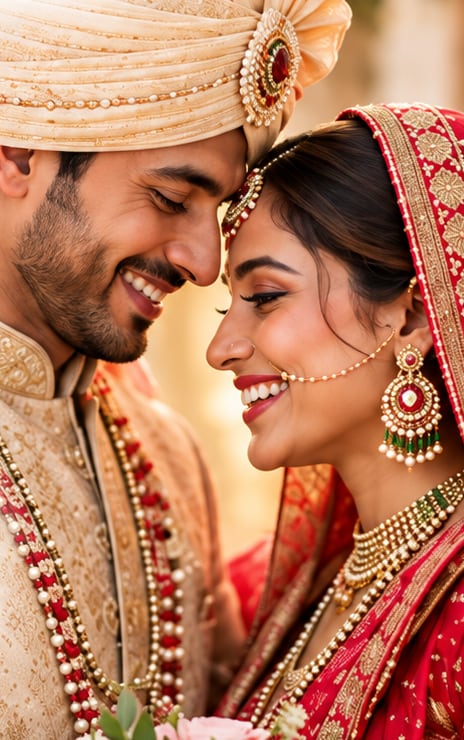 A bride and groom, foreheads touching