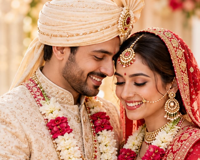 A bride and groom in wedding dress, standing close and smiling
