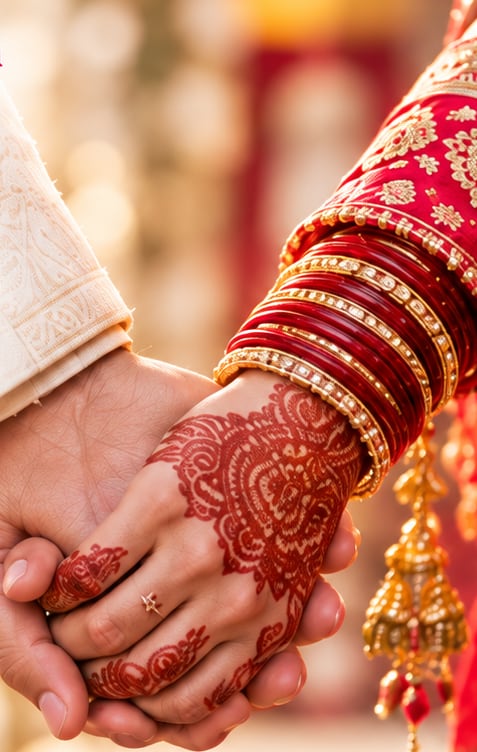 Two hands, one with mehndi, held together