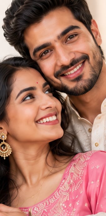 A couple in wedding dress, smiling